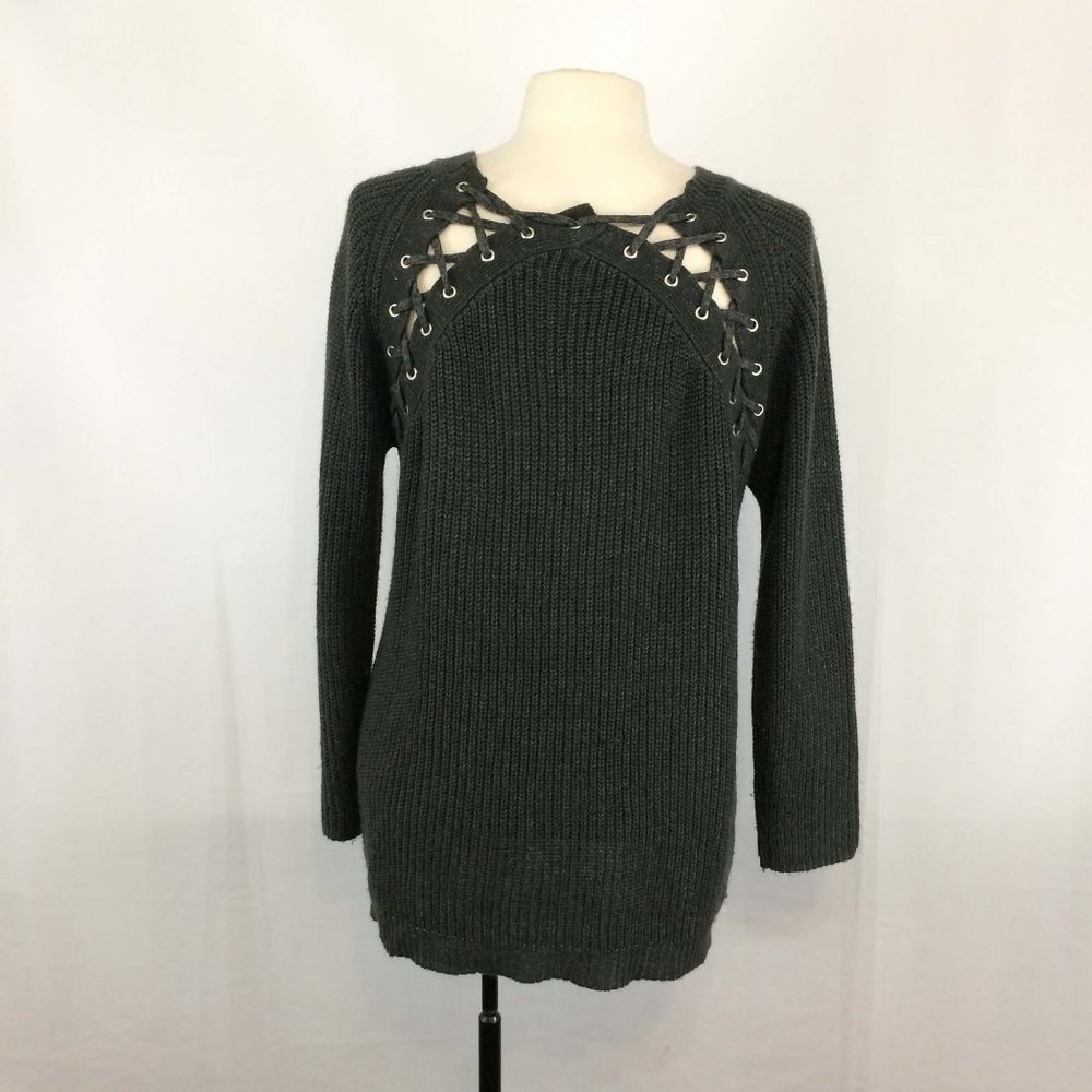 She + Sky Dark Gray Pullover Sweater,‎ Lace Up Back - Picture 4 of 9
